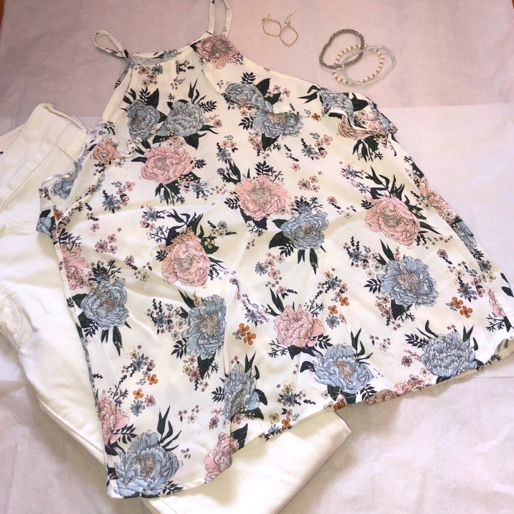 H&M high neck blue and pink floral tank top